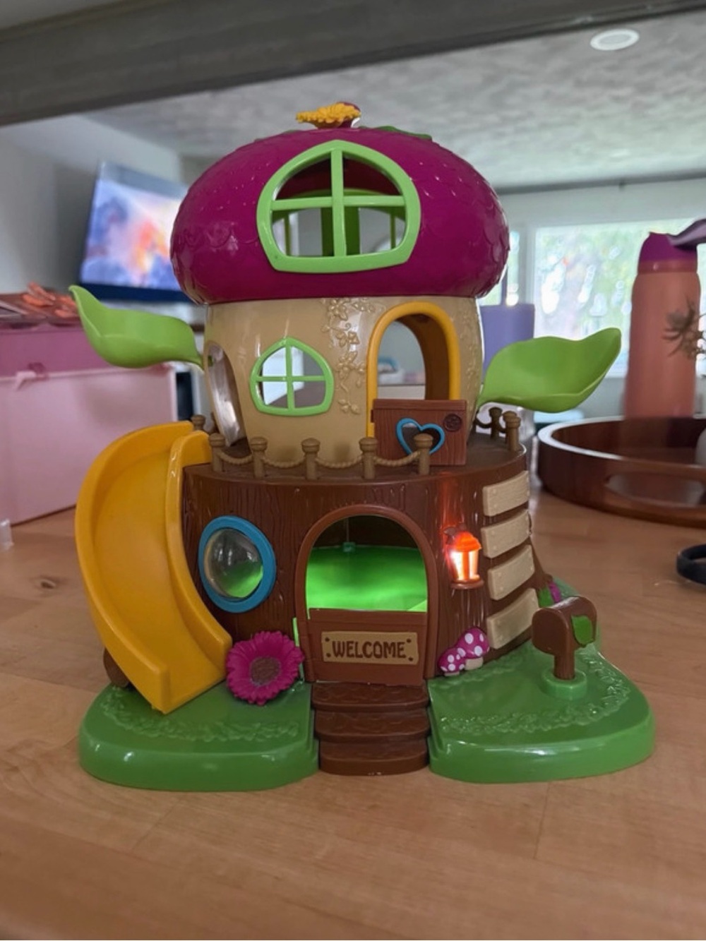 Pink Mushroom Dollhouse Playset with Yellow Slide and Green Accents